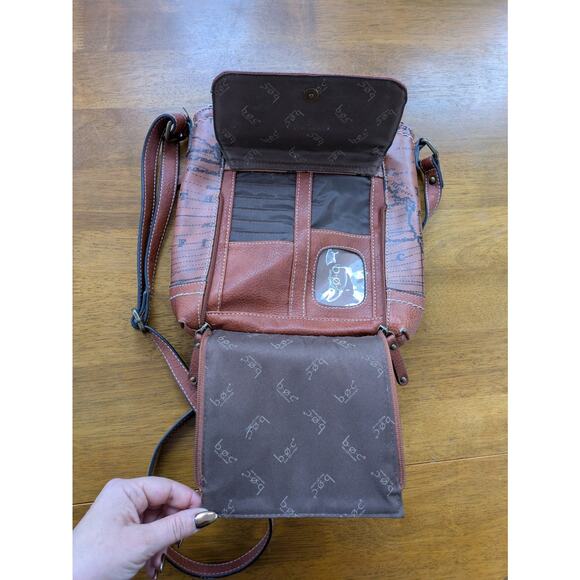 BOC Map Print Faux Leather Crossbody Bag Travel Vintage 90s Adjustable Strap - Picture 2 of 8